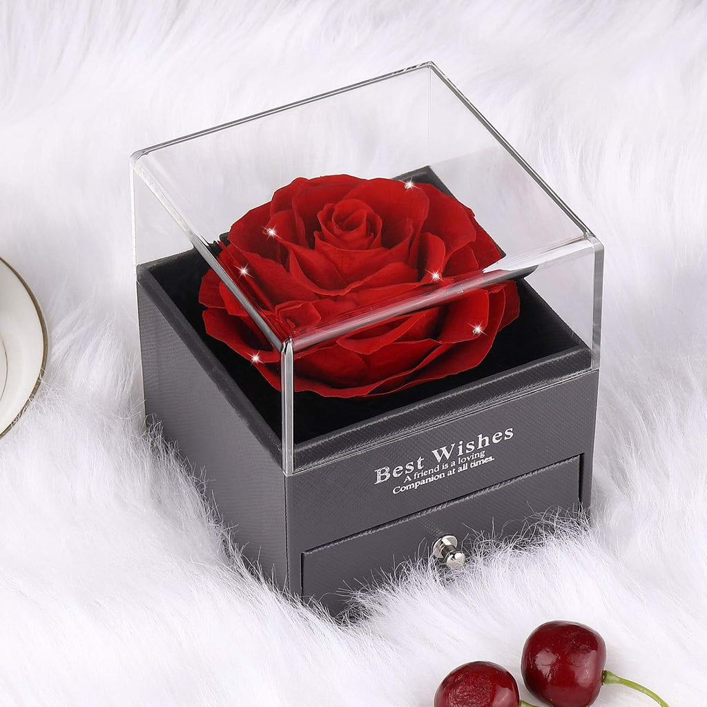 Mothers Day Flower Gifts for Her, Preserved Real Flower Rose with Silver-Tone Heart Necklace I Love You in 100 Languages Gift Set, Enchanted Flower Rose Gifts, Red Crystal